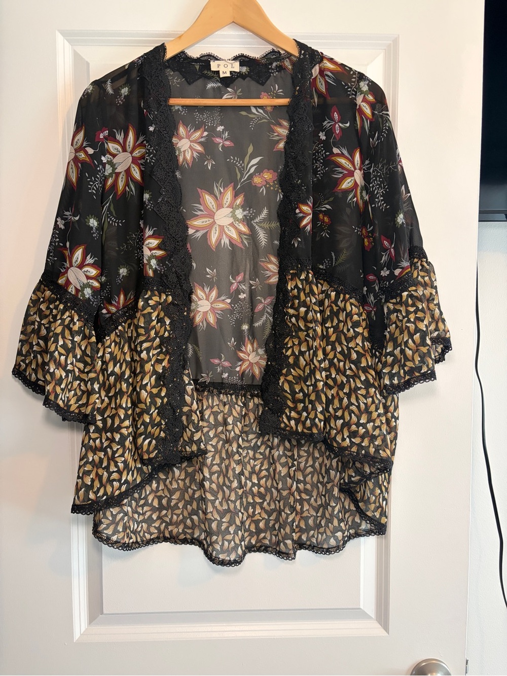POL | Sheer Floral Open Face Kimono Boho Cardigan in Black/Cream/Gold